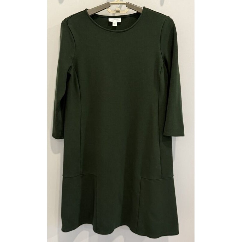J Jill Forest Green Ponte Knit Dress 3/4‎ Sleeve Seamed Detail XS